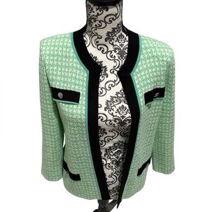 Women's Mint Green Houndstooth Open Front Jacket with Black Trim